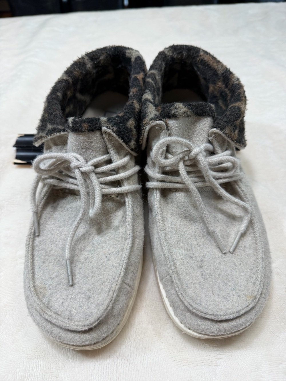 Hey Dude Light Gray Felt Ankle Booties with Leopard Trim